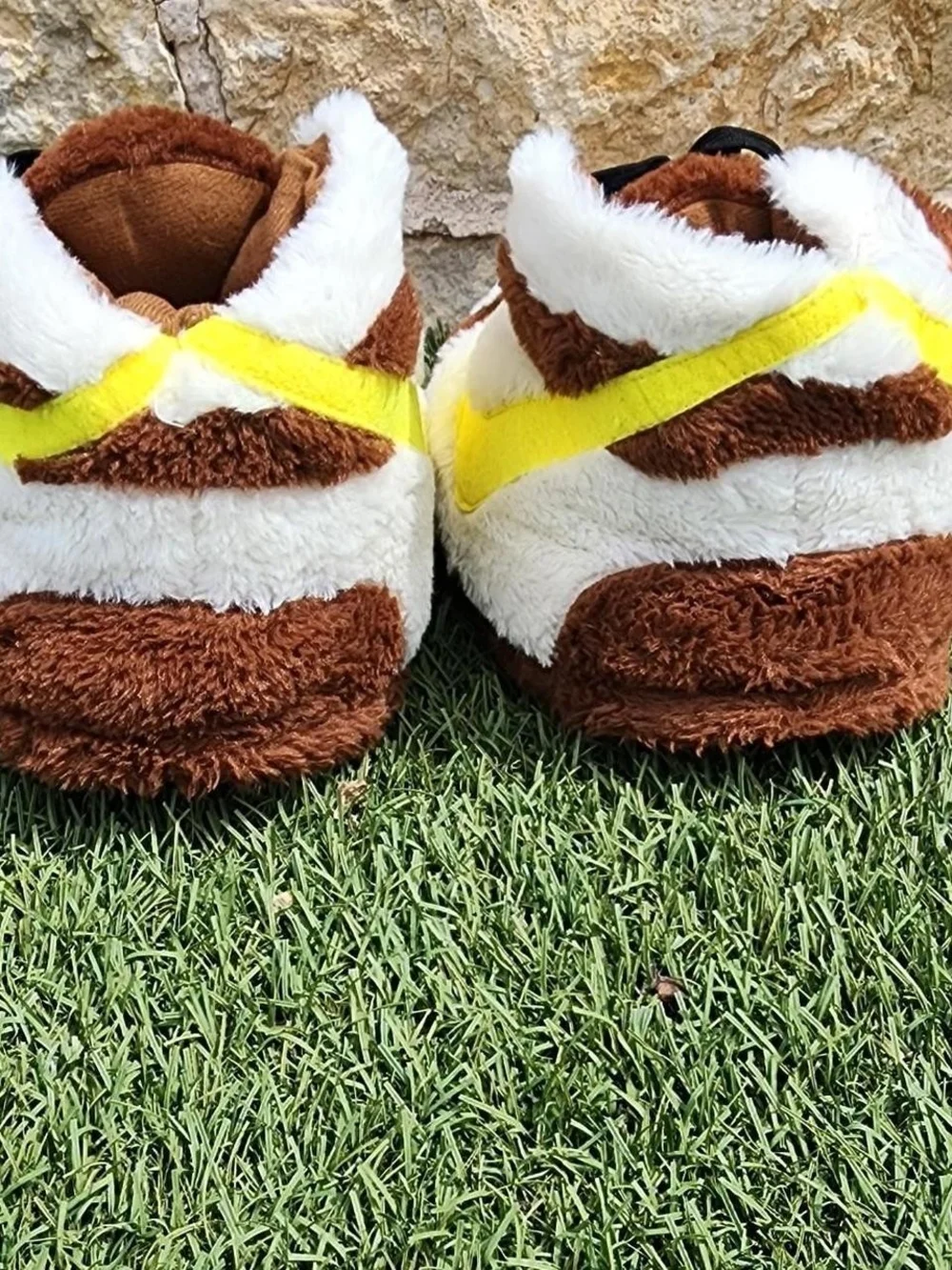 Nike Dunk High Kids Plush Slipper Sneakers - Brown, White & Yellow Swoosh